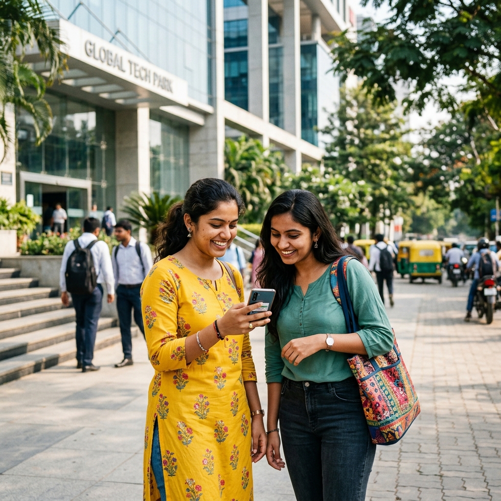 Two students checking their smartphones for nearby gig work opportunities in Bengaluru.