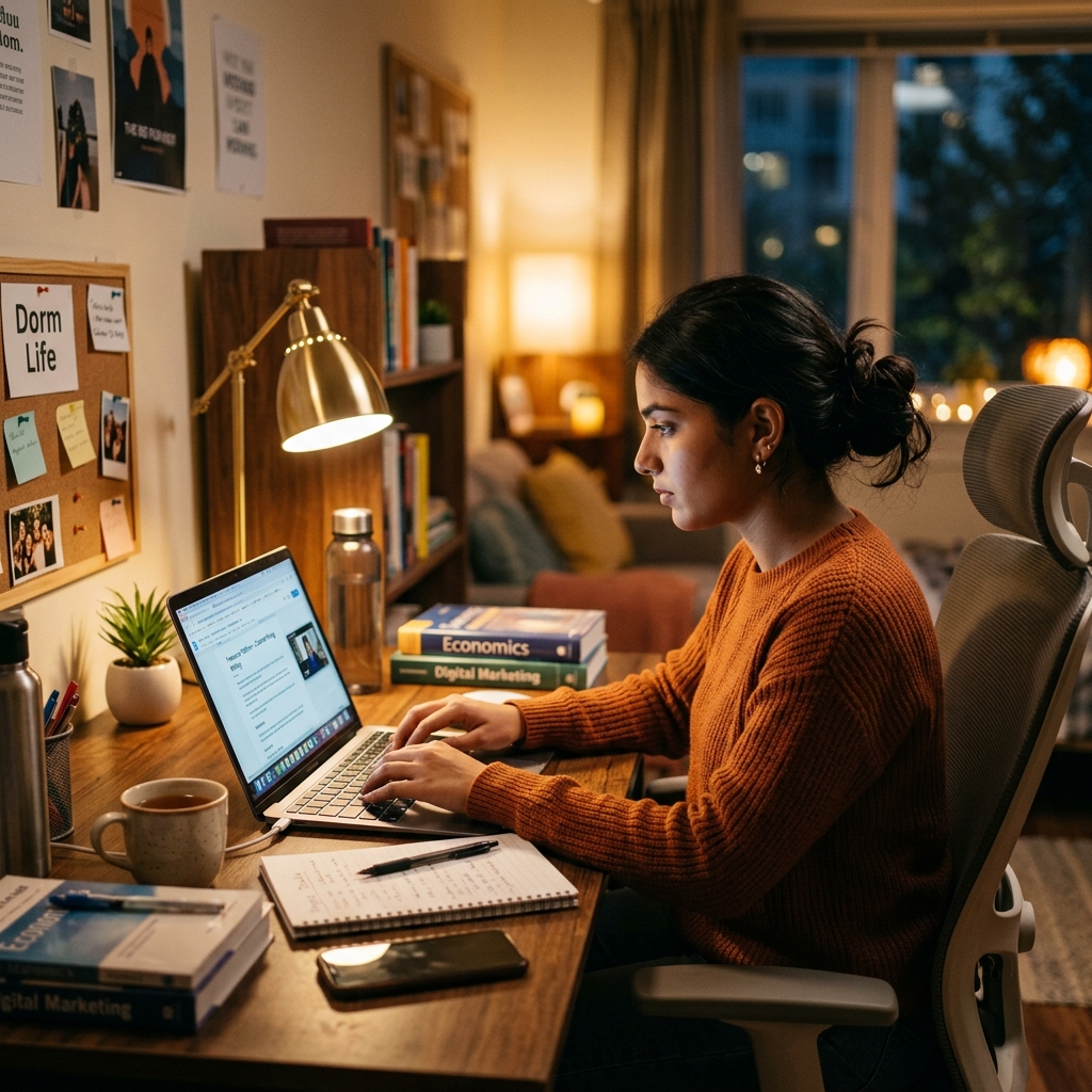 Student earning income through online part time jobs from a dormitory.