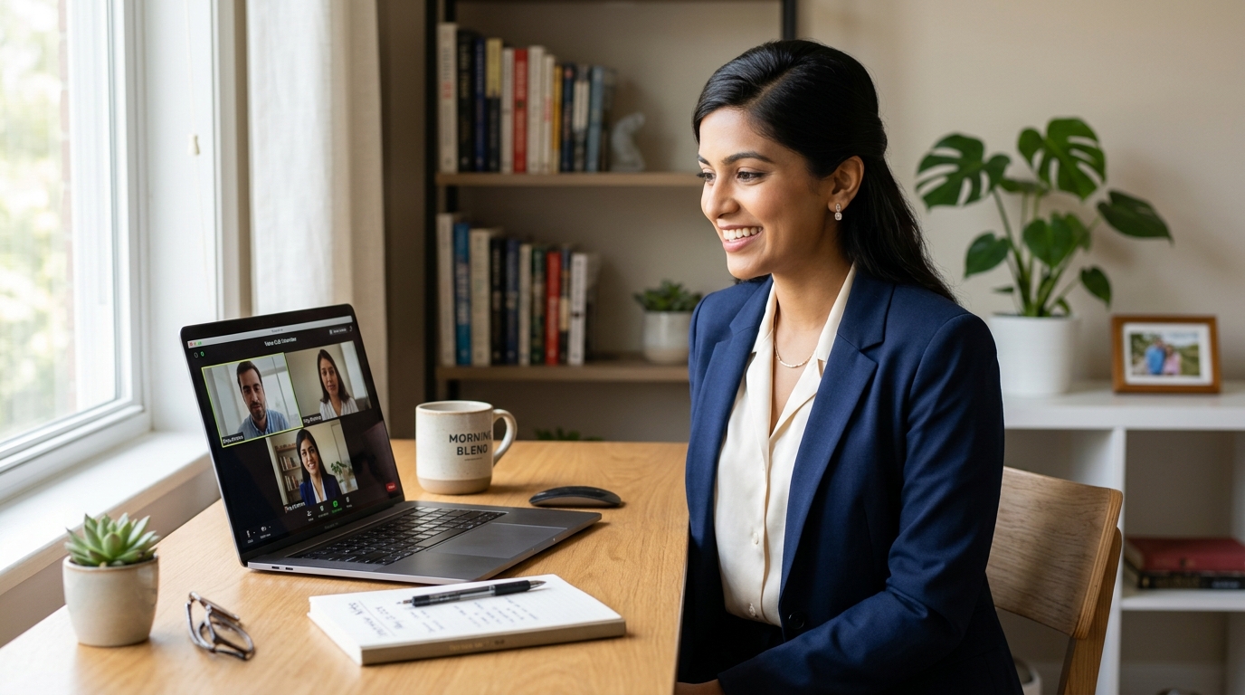 Professional confident woman giving a remote interview on video call