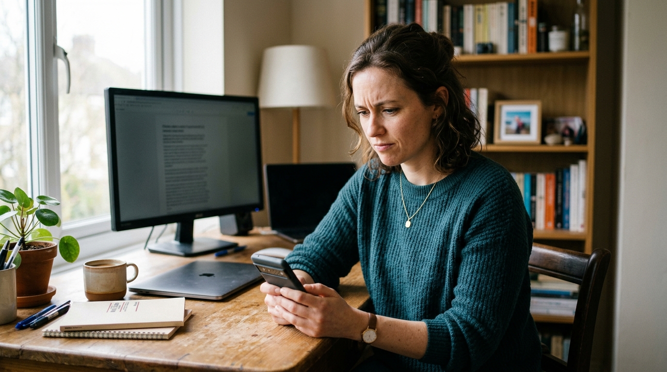 Person looking skeptical at a fake job offer on phone