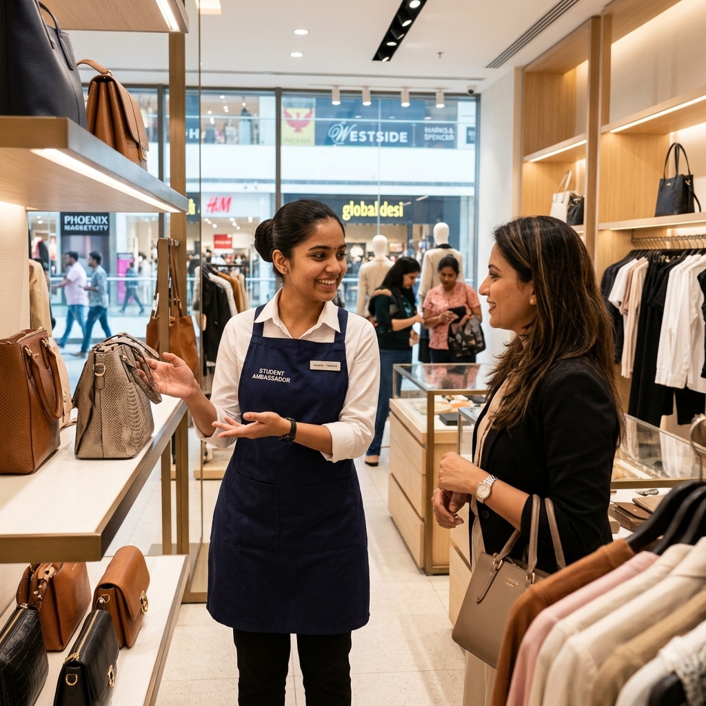 An Indian student working a part time retail job in a modern Bengaluru mall.