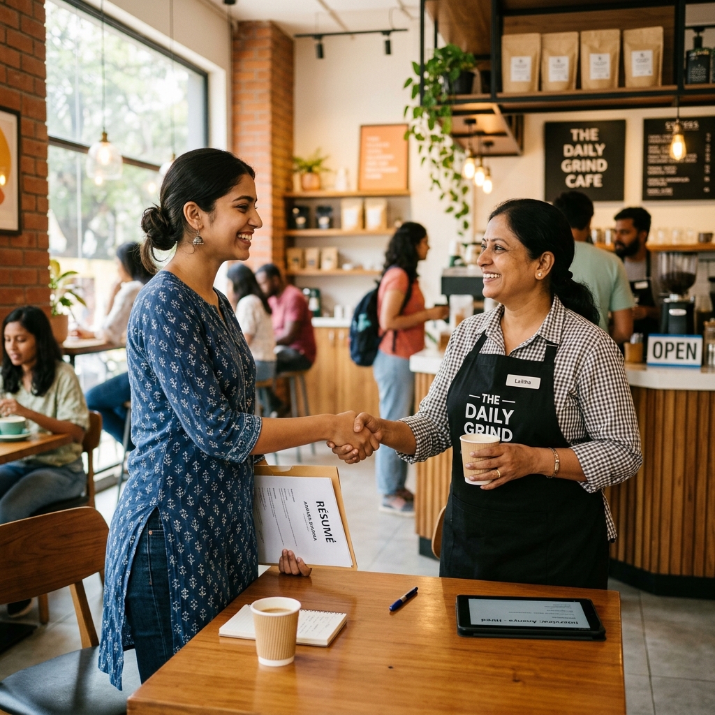 Confident college student shaking hands after a successful part time job interview in Bengaluru.